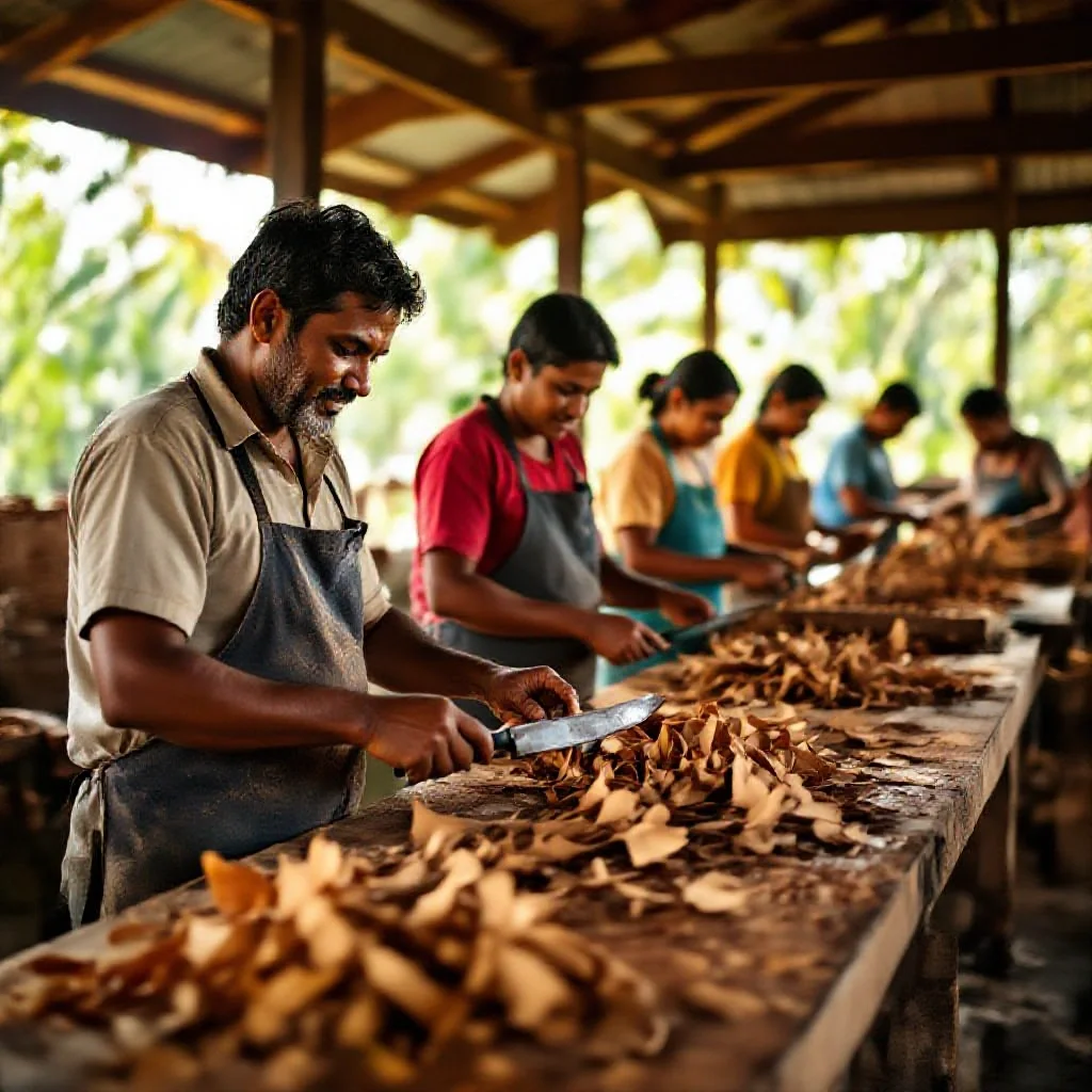 A Sri Lankan cinnamon peeling workshop