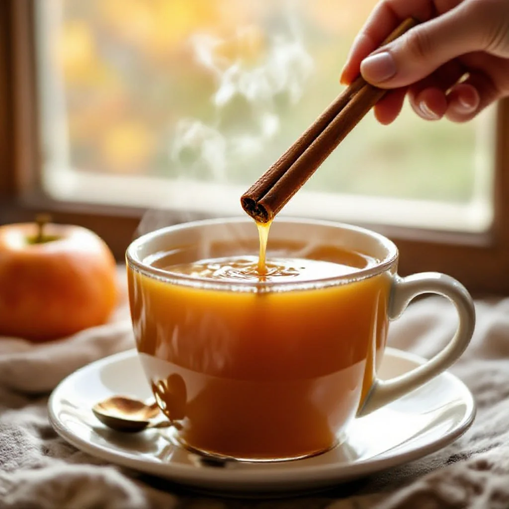 A cinnamon stick being stirred into a steaming cup of spiced apple cider