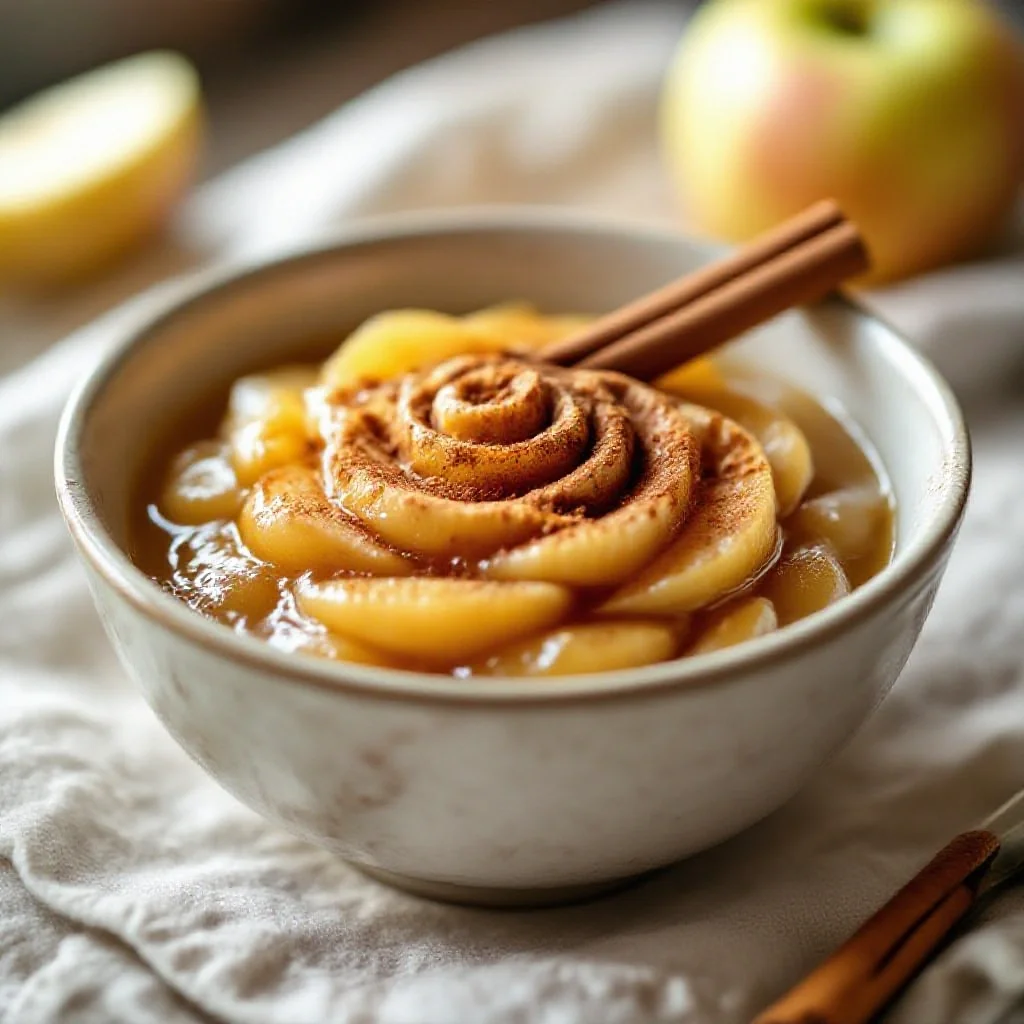 A bowl of apple compote topped with ground cinnamon dusted in a spiral pattern