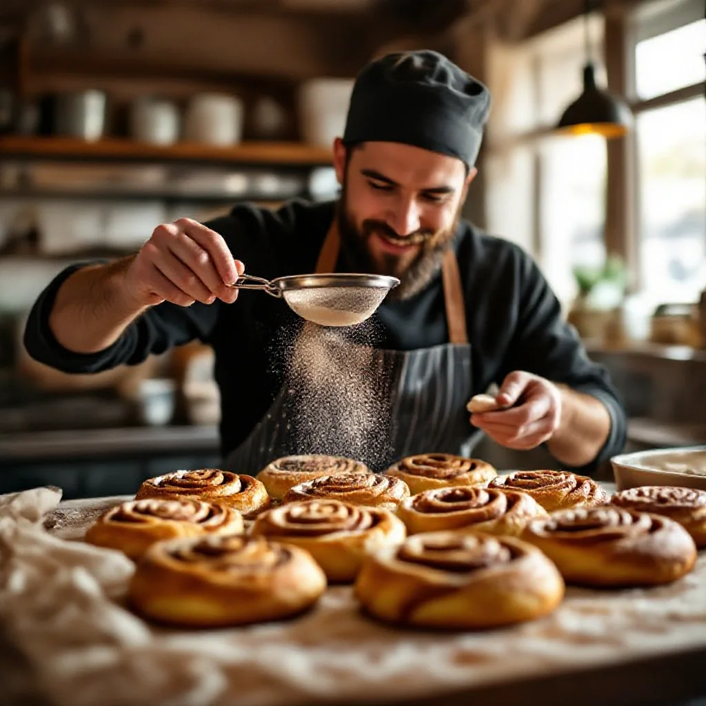 A baker dusting freshly baked cinnamon rolls with ground cinnamon through a...