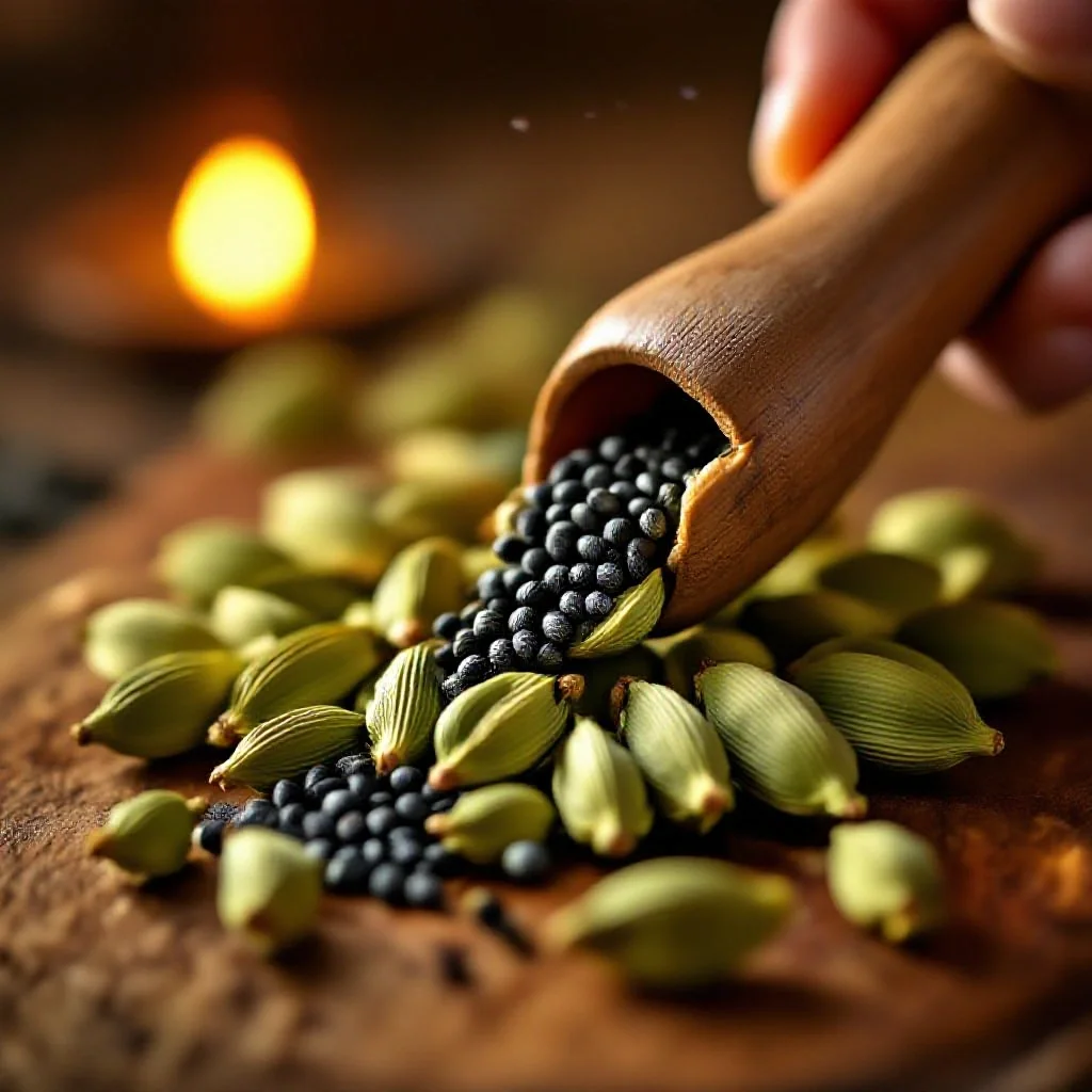 Cardamom pods being cracked open with a pestle revealing the fragrant black...