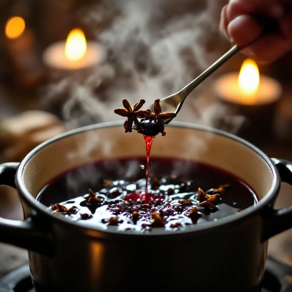 Whole cloves being added to a mulled wine pot