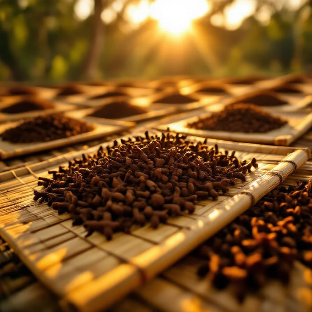 Cloves drying on bamboo mats in the sun in Indonesia