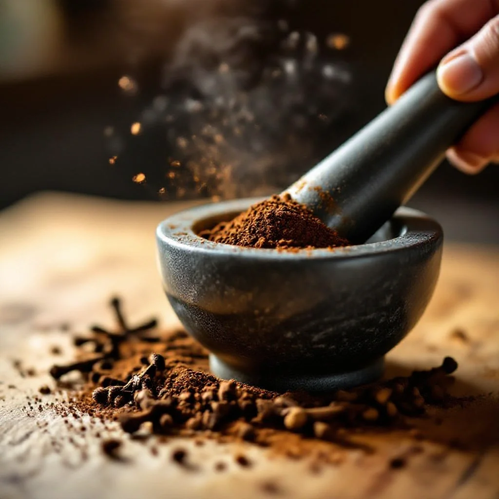 A mortar and pestle grinding whole cloves