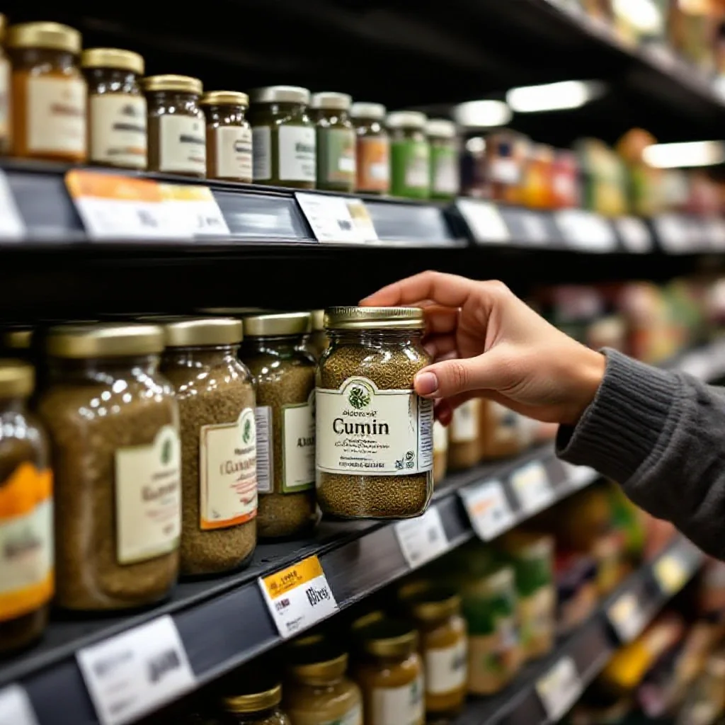 Packaged cumin in organic market packaging on a store shelf