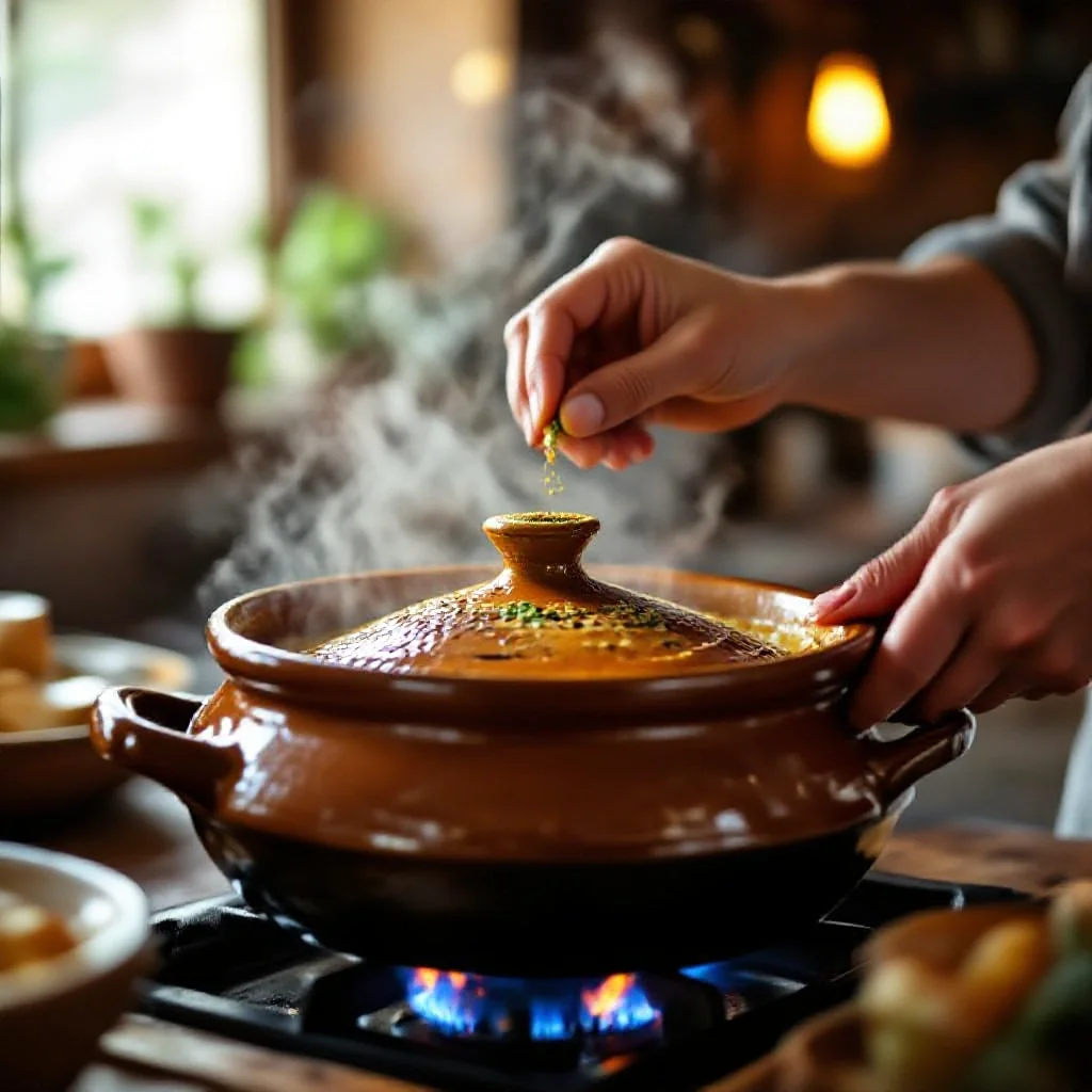 A tagine being finished with a pinch of cumin
