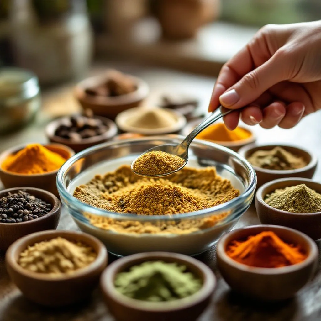 Ground cumin being measured into a spoon over a mixing bowl of spice blend