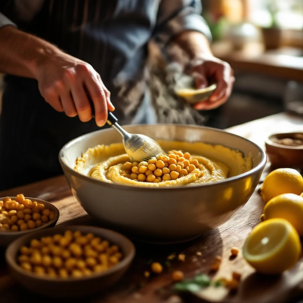 A hummus preparation scene