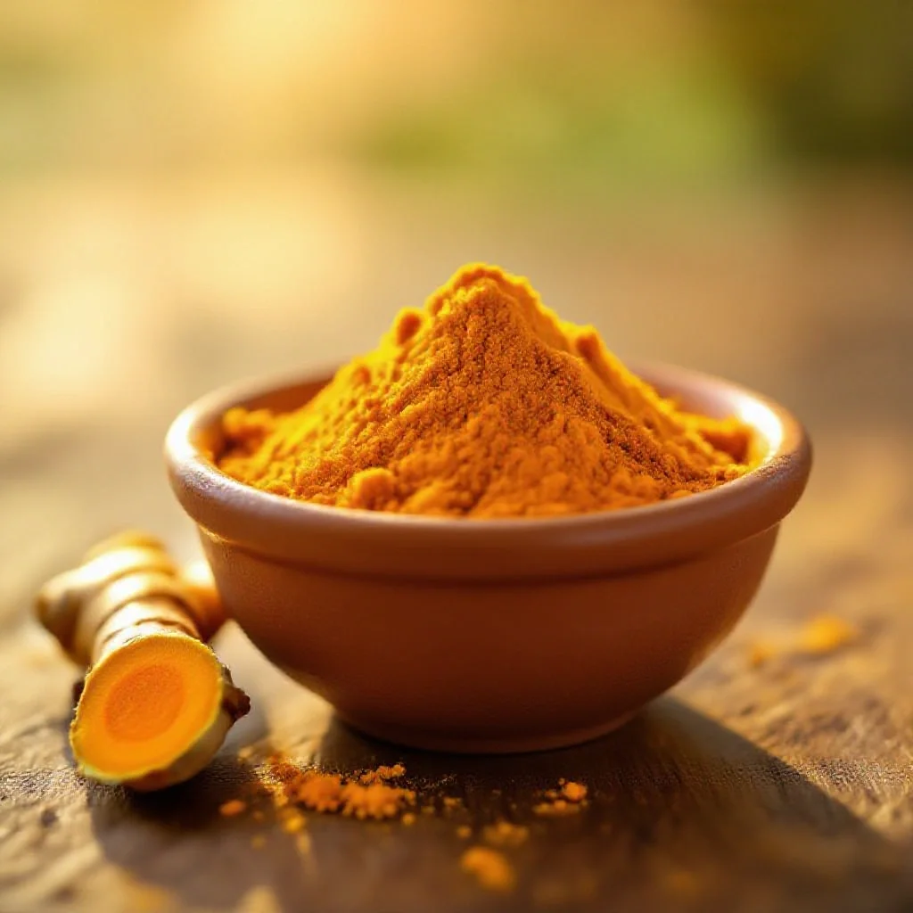 Bright orange turmeric powder heaped in a small terracotta bowl