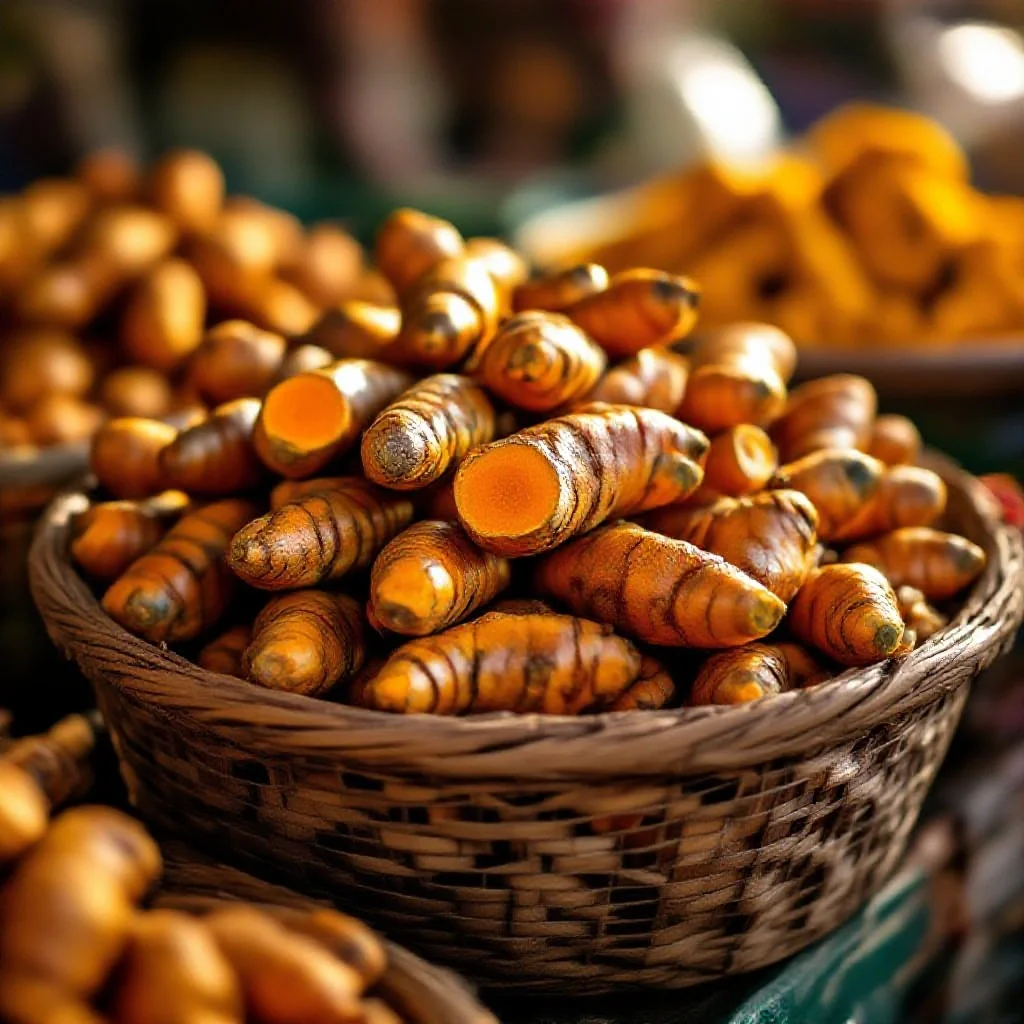 Turmeric roots in a mesh basket at a market