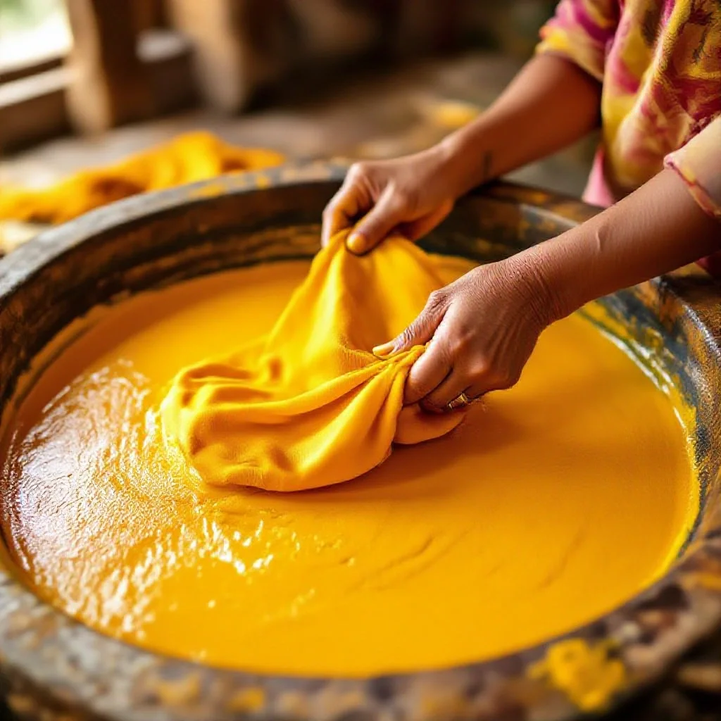 Golden turmeric dye being used to stain a silk cloth in a traditional workshop