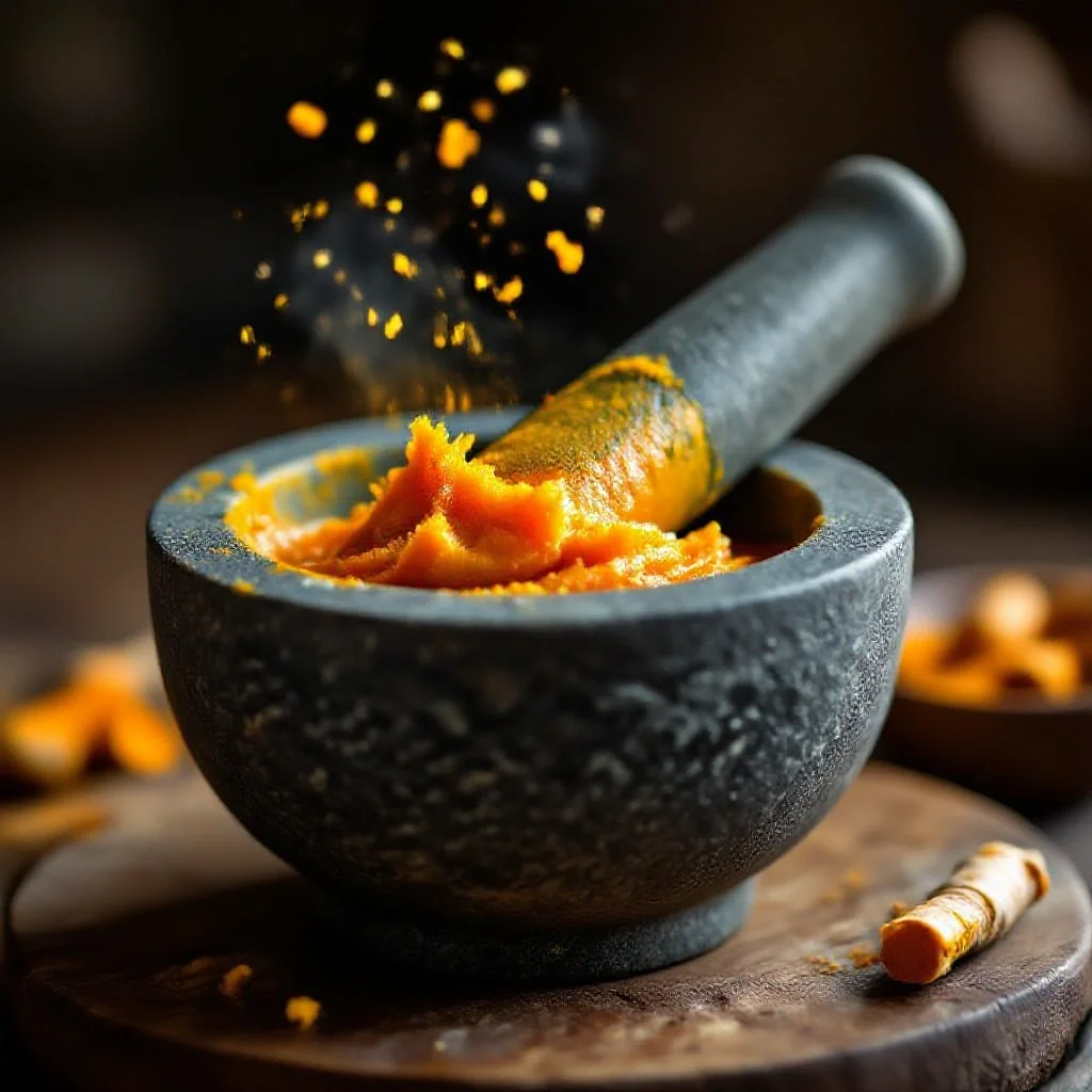 A mortar and pestle grinding fresh turmeric root into a paste