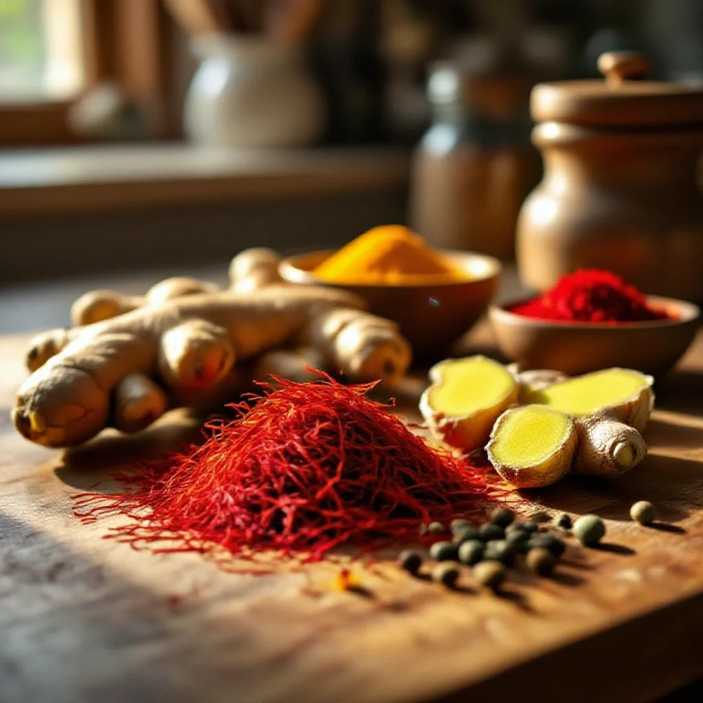A pile of vivid red saffron threads spilled onto a kitchen counter next to a...