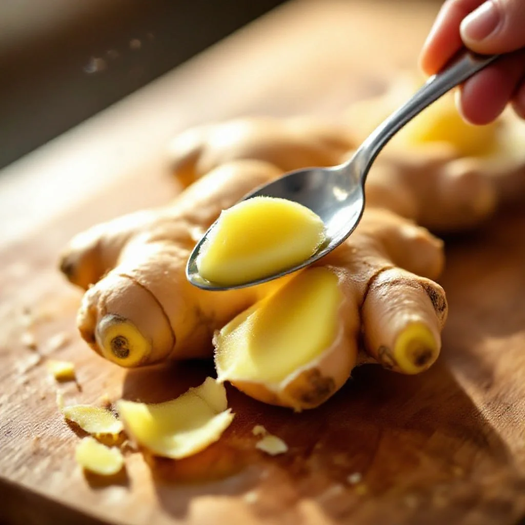 A ginger root being peeled with a spoon