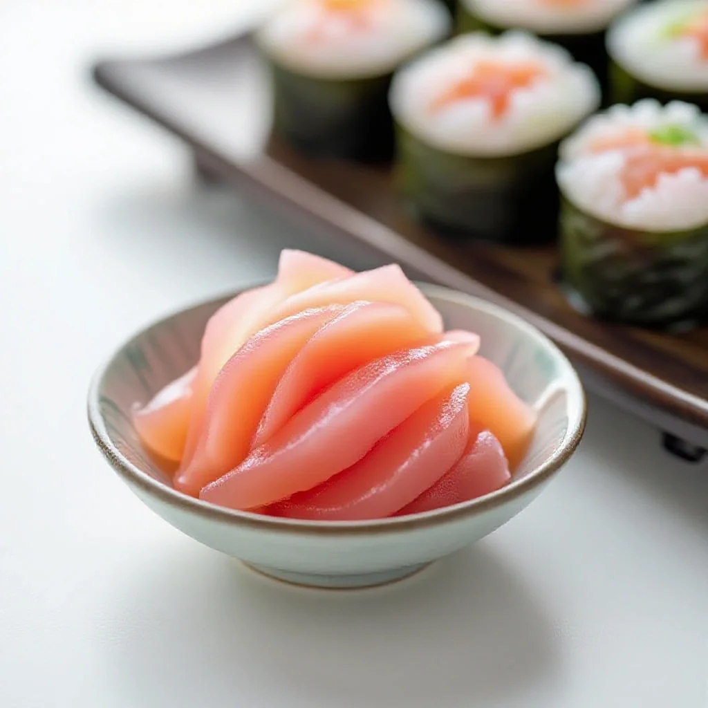 Thinly sliced pickled ginger in a small dish