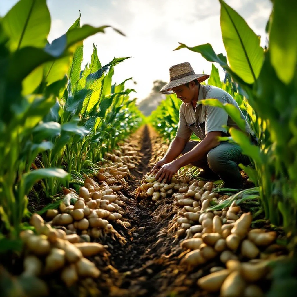 Ginger crop rows in a tropical field