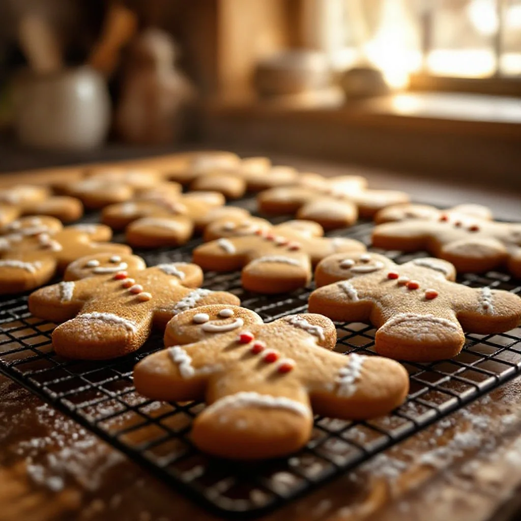 Freshly baked gingerbread men on a cooling rack