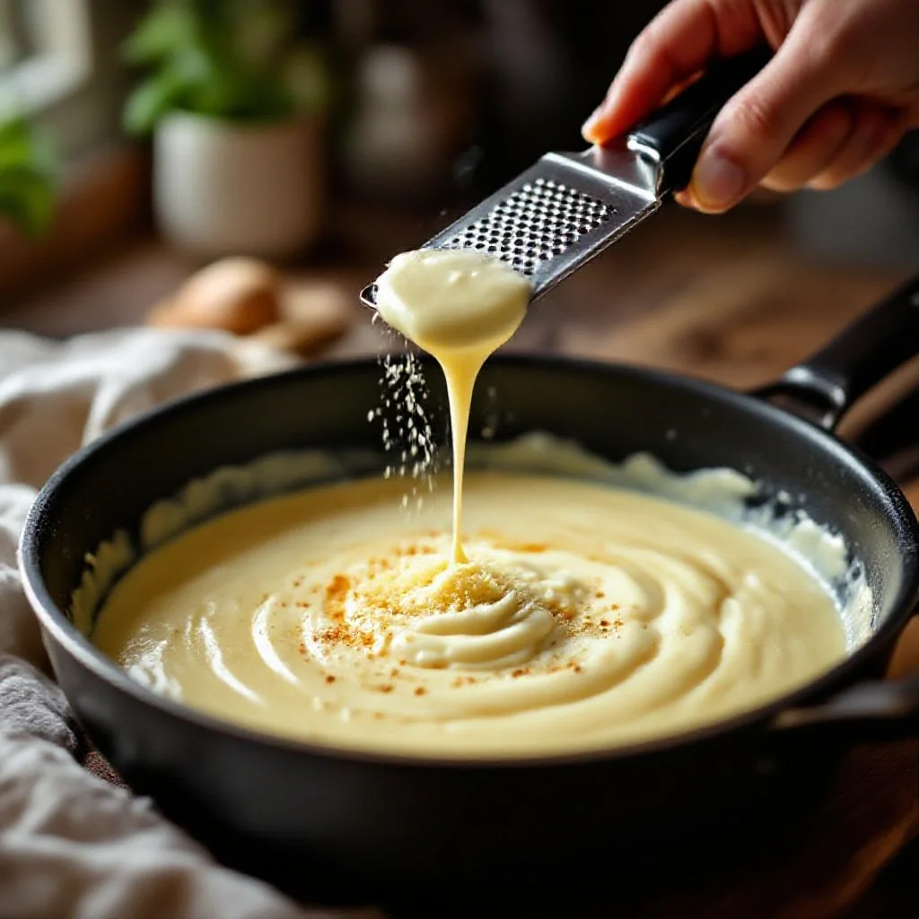 A béchamel sauce being seasoned with fresh-grated nutmeg
