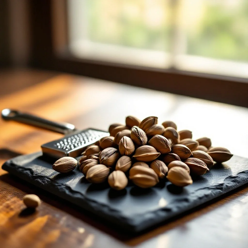 A pile of whole nutmeg seeds on a dark slate board beside a small silver grater