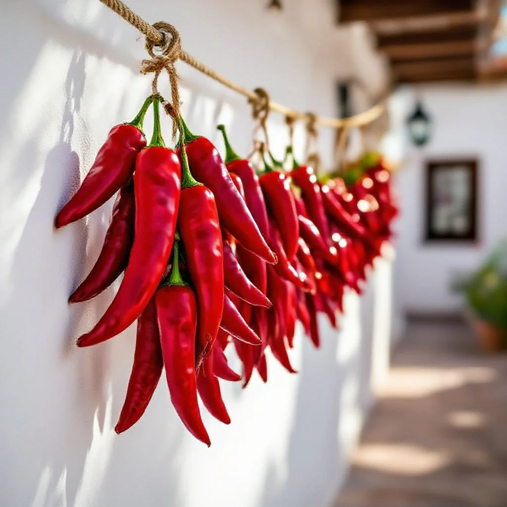 Whole dried red peppers strung together on a rope