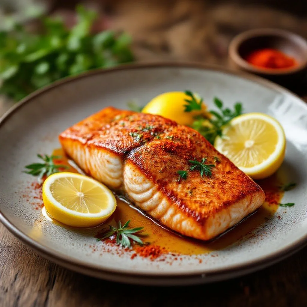 A smoked paprika fish dish being plated