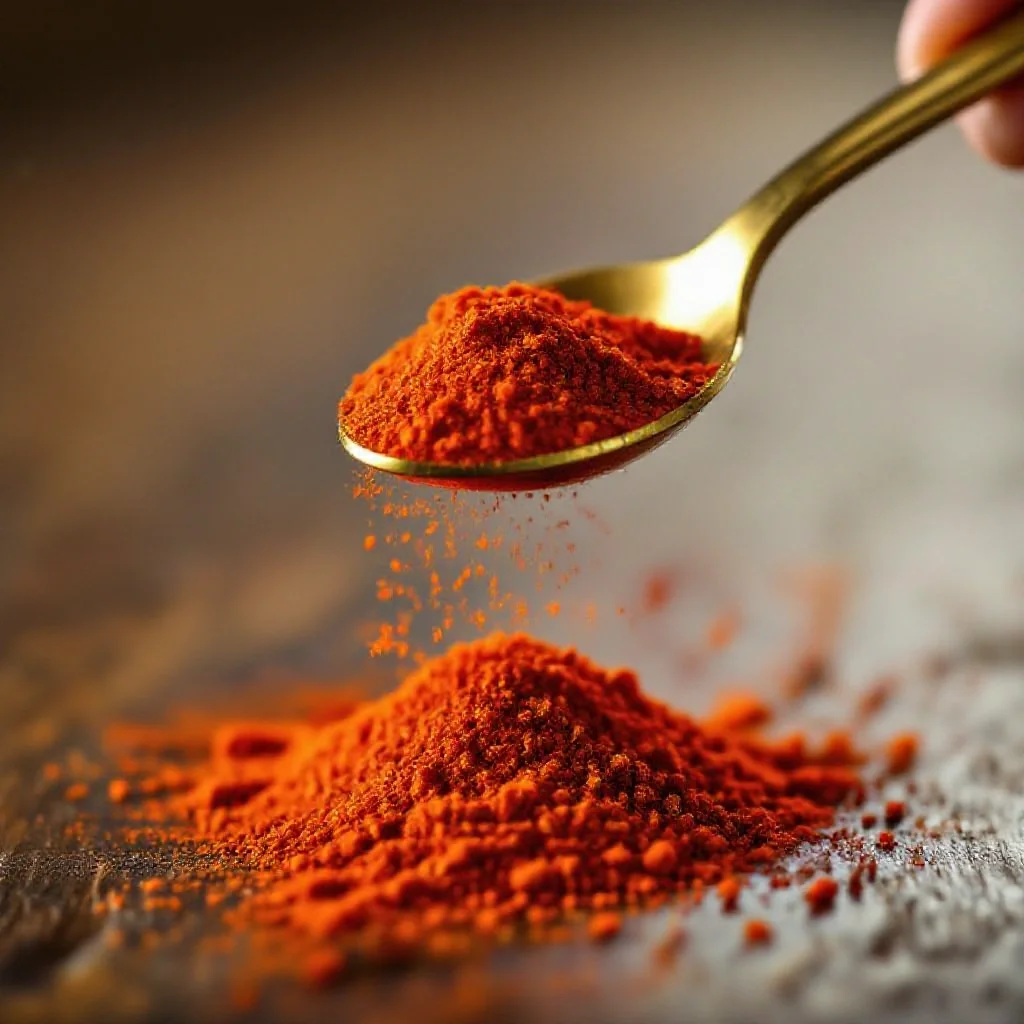 Paprika powder being scooped with a brass measuring spoon
