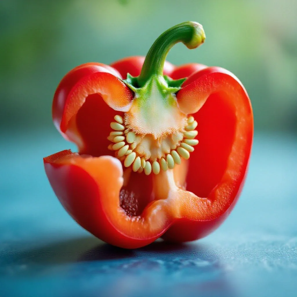 A cross-section of a fresh red pepper showing its interior