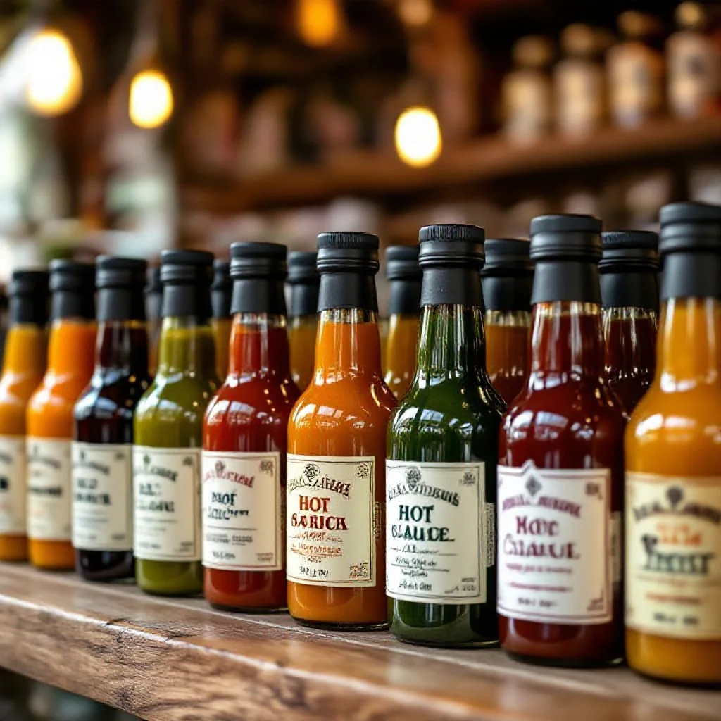 Labelled artisan hot sauce bottles in a French delicatessen