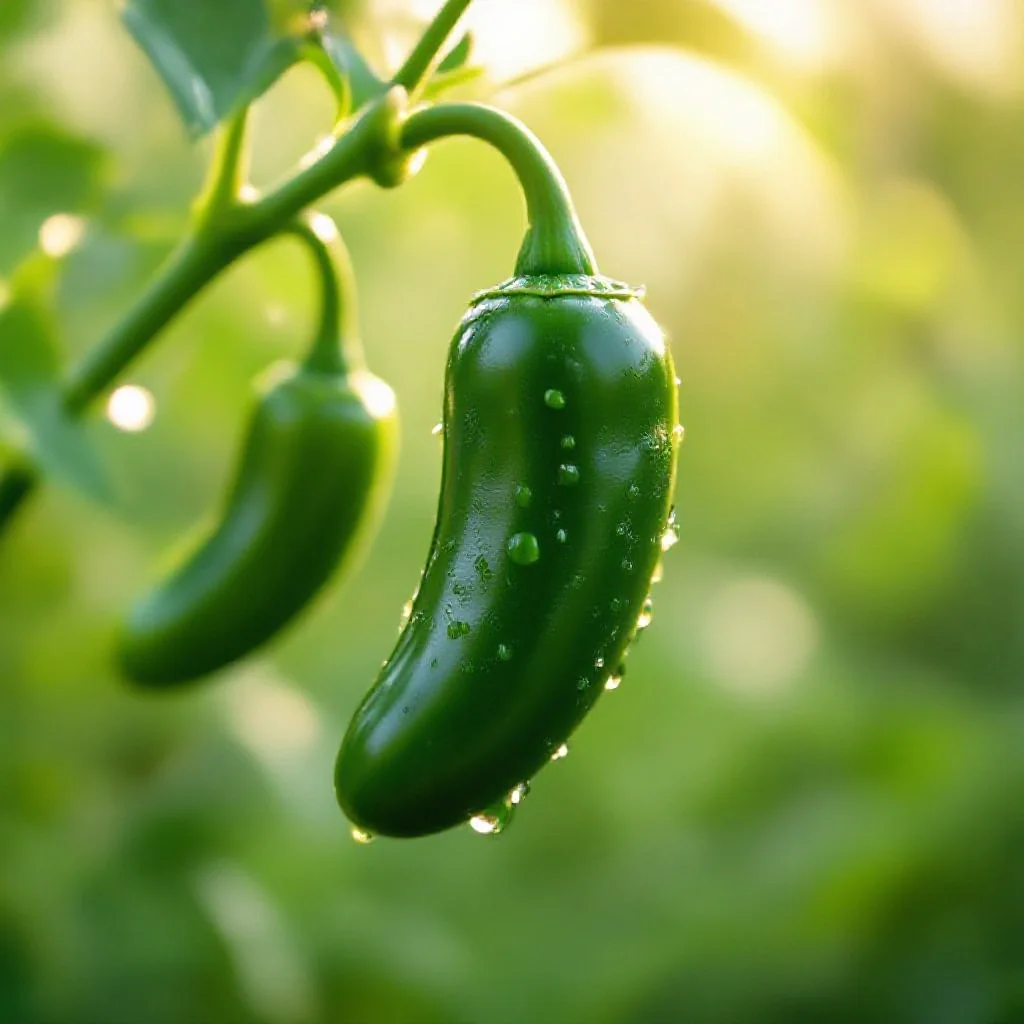 Green jalapeño peppers on the vine