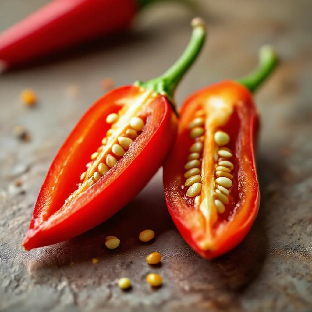 A bird's eye chilli cut in half lengthwise