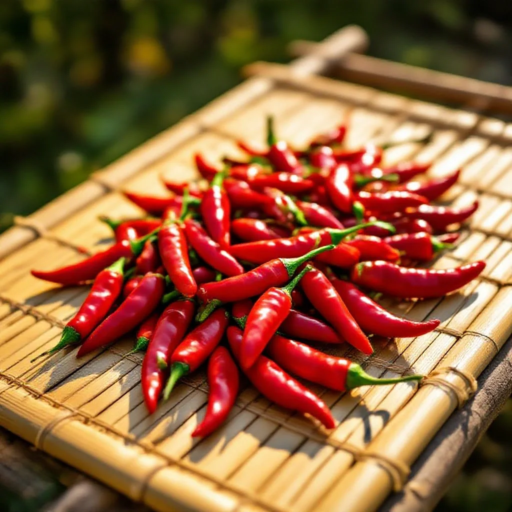 Chillies being dried on a bamboo mat in the sun in Southeast Asia