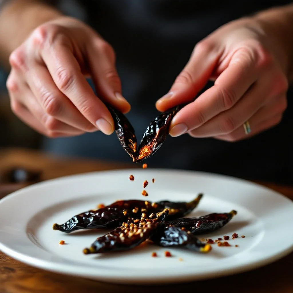 A hand carefully splitting a dried ancho chilli