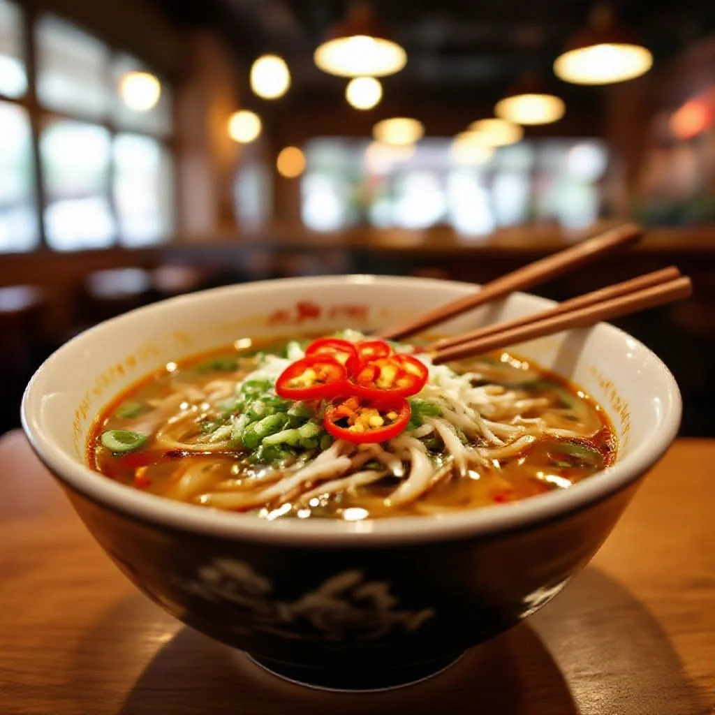 A spicy ramen bowl with sliced red chillies floating on a rich broth