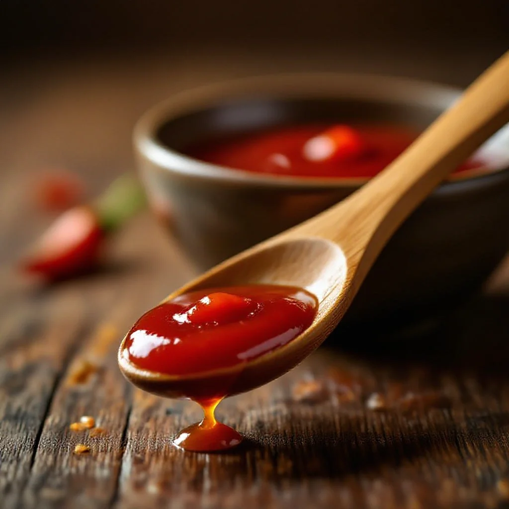 A wooden spoon loaded with sriracha chilli sauce