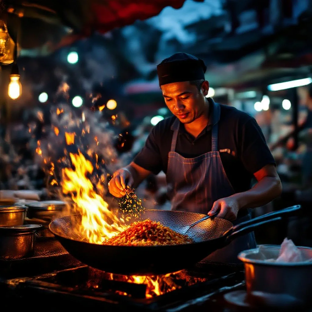 A Thai street food vendor adding crushed dried chillies to a wok over a...