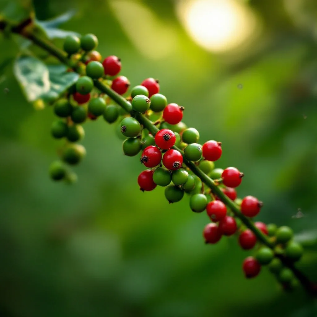 Black peppercorn vine branches with clusters of ripening green peppercorns