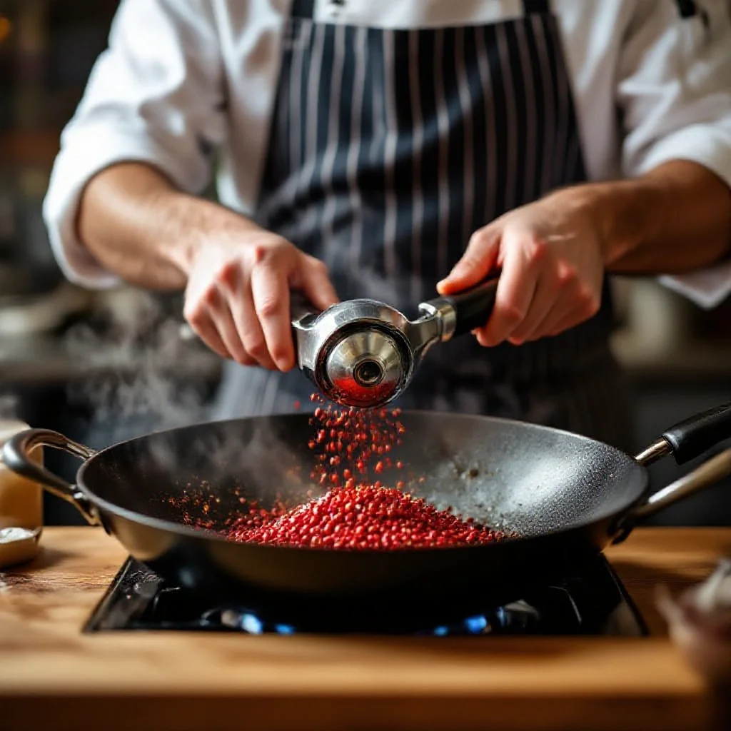 A chef freshly grinding Sichuan pepper into a wok