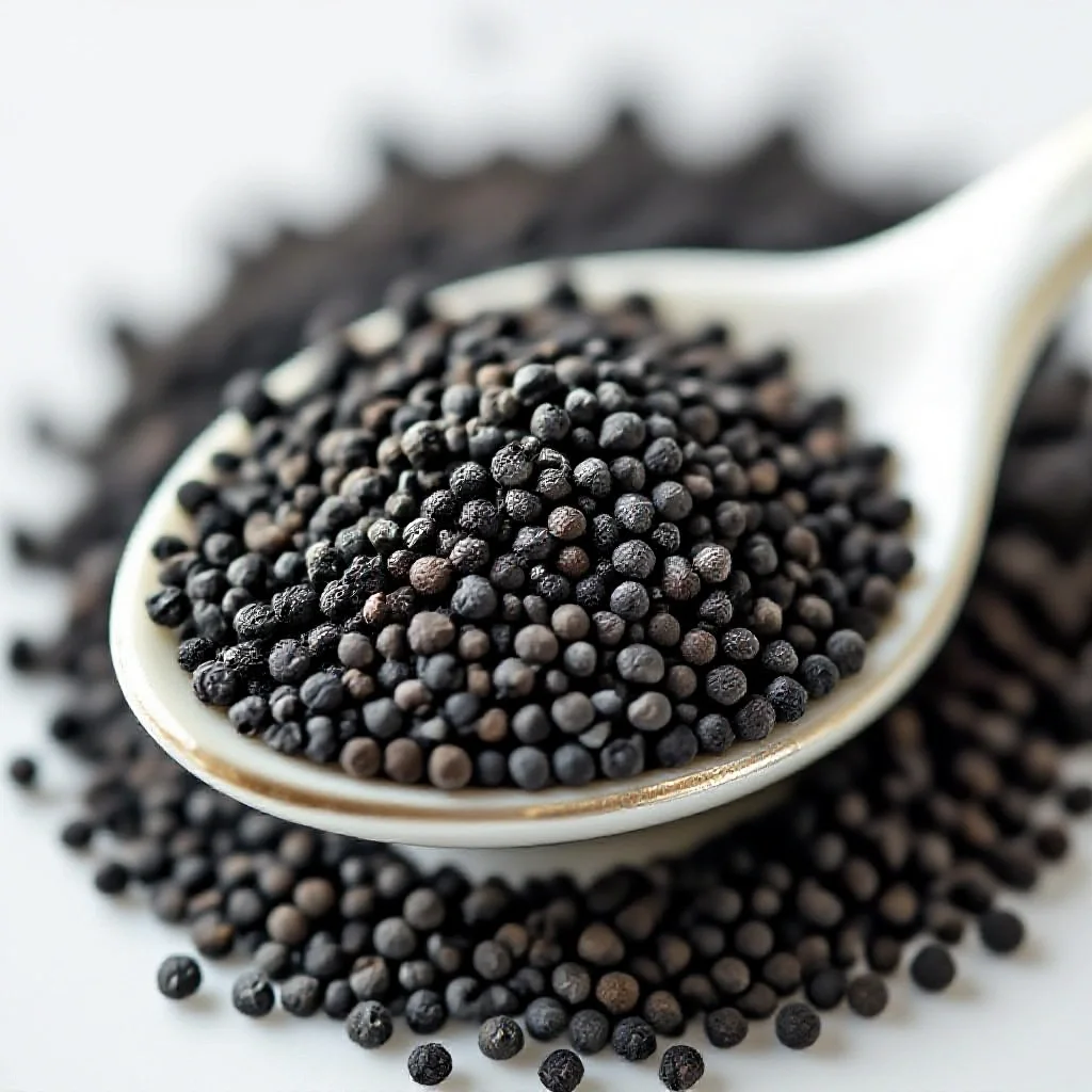 A porcelain teaspoon heaped with freshly ground black pepper