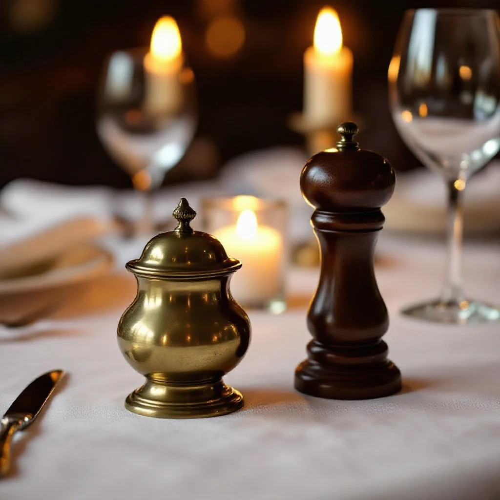 An antique brass pepper box and grinder on a white linen tablecloth at a...