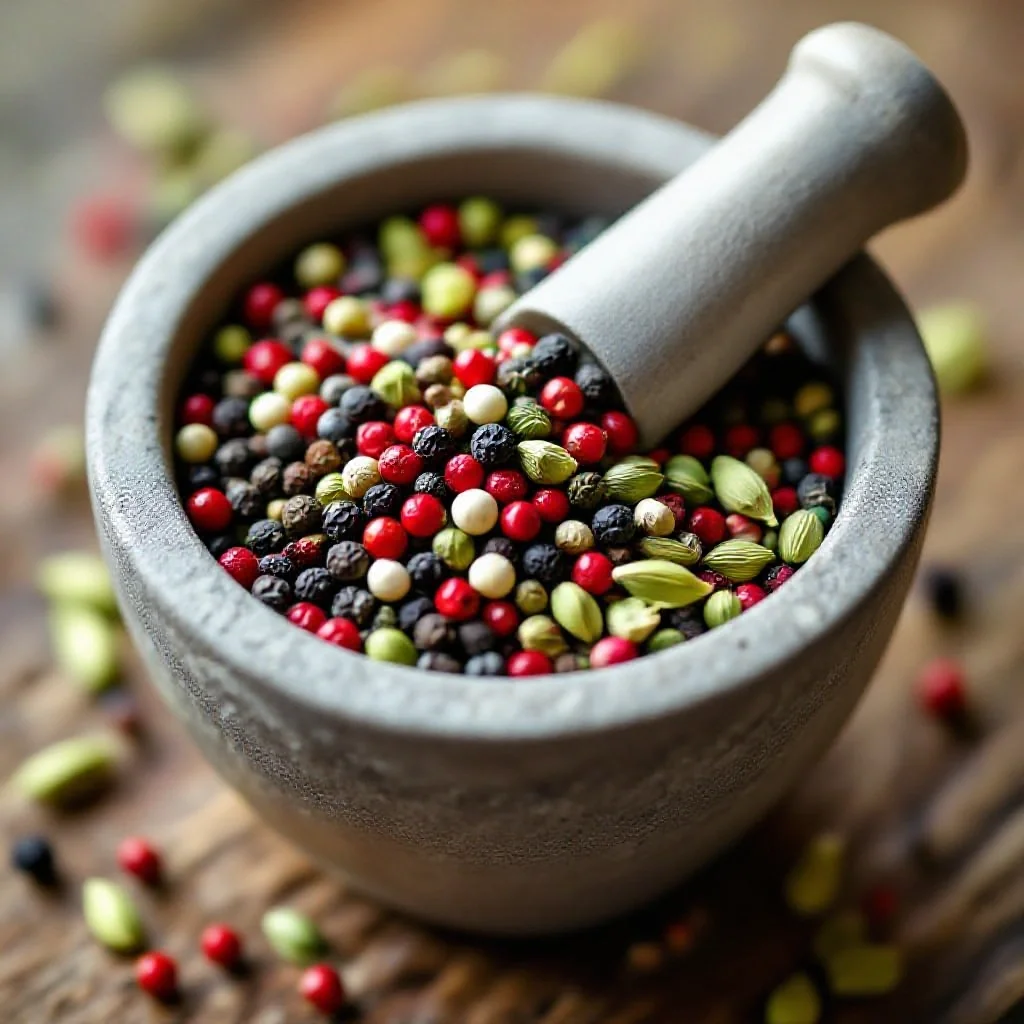 A mortar filled with a mix of colourful peppercorns, black