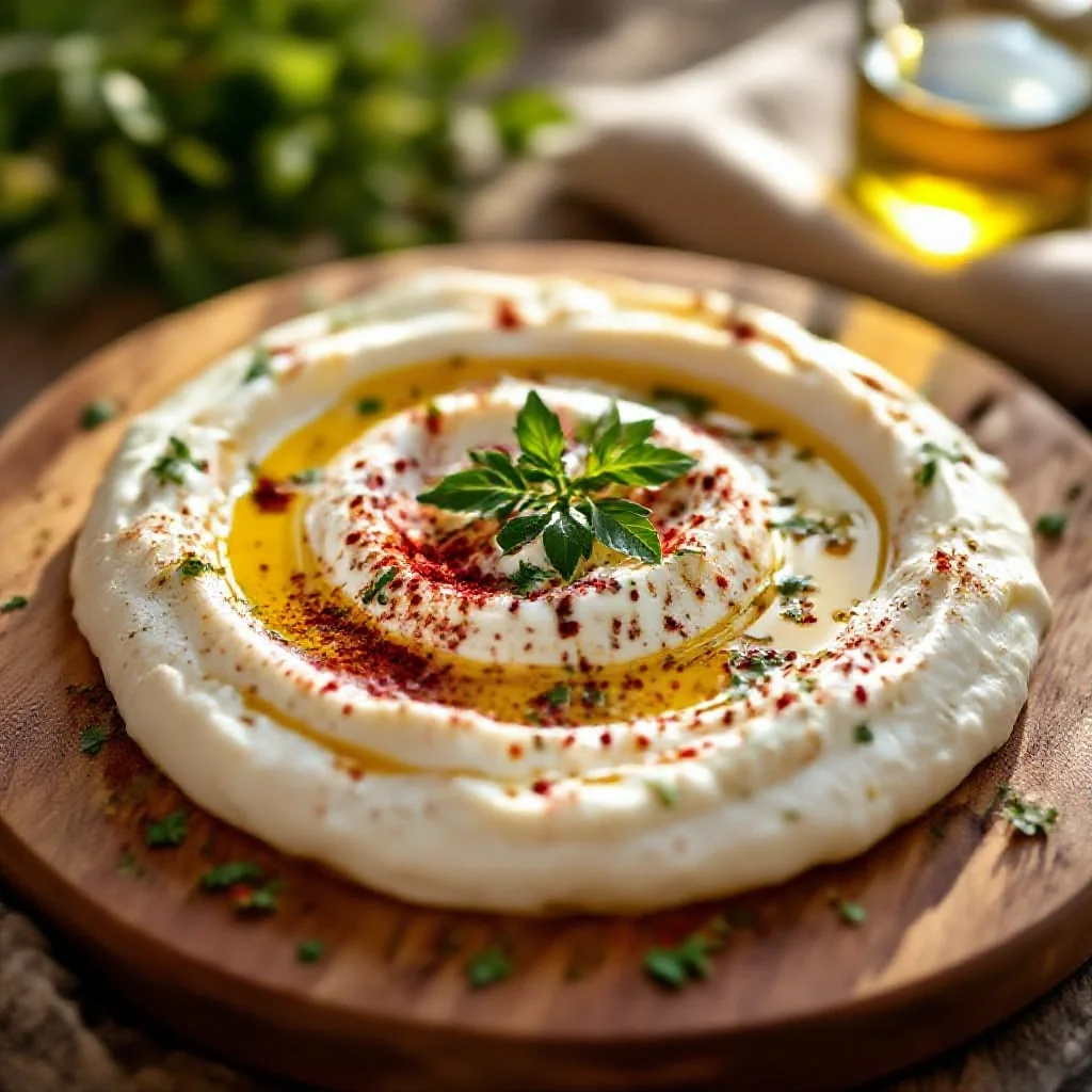 A labneh dip plated on a board