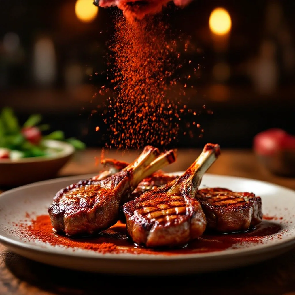 Sumac powder being sprinkled over a plate of grilled lamb chops