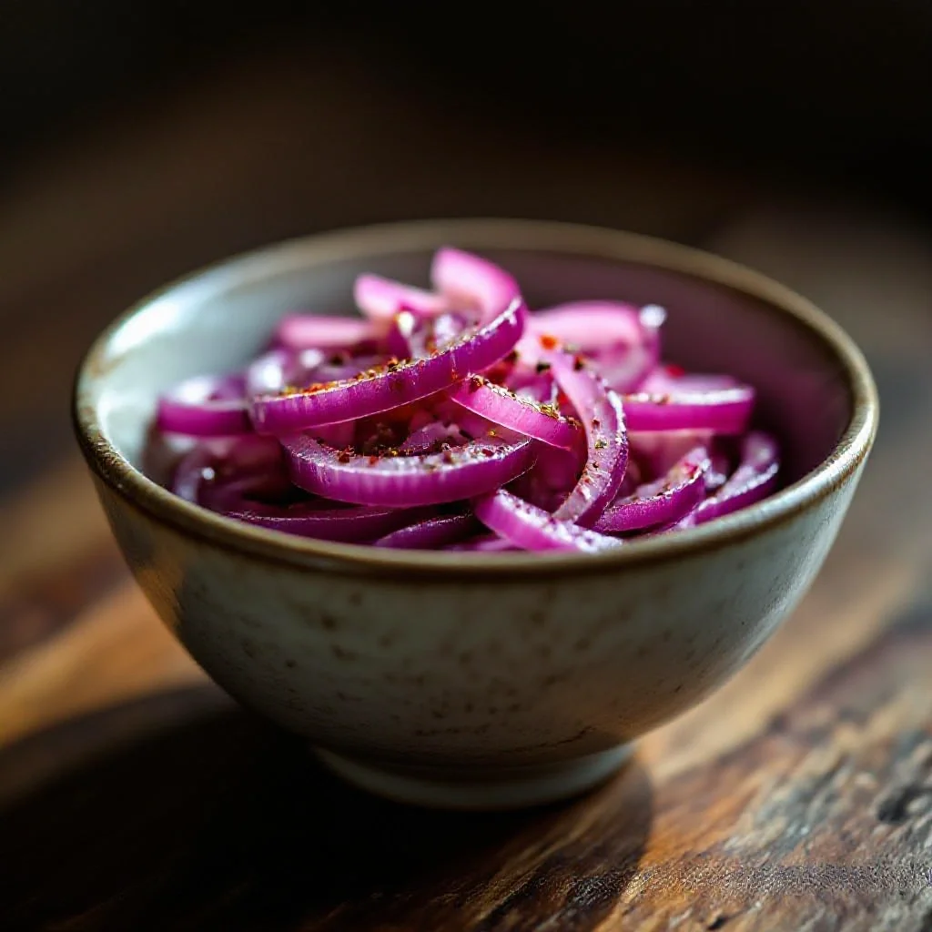 A small ceramic bowl of sumac-marinated red onions