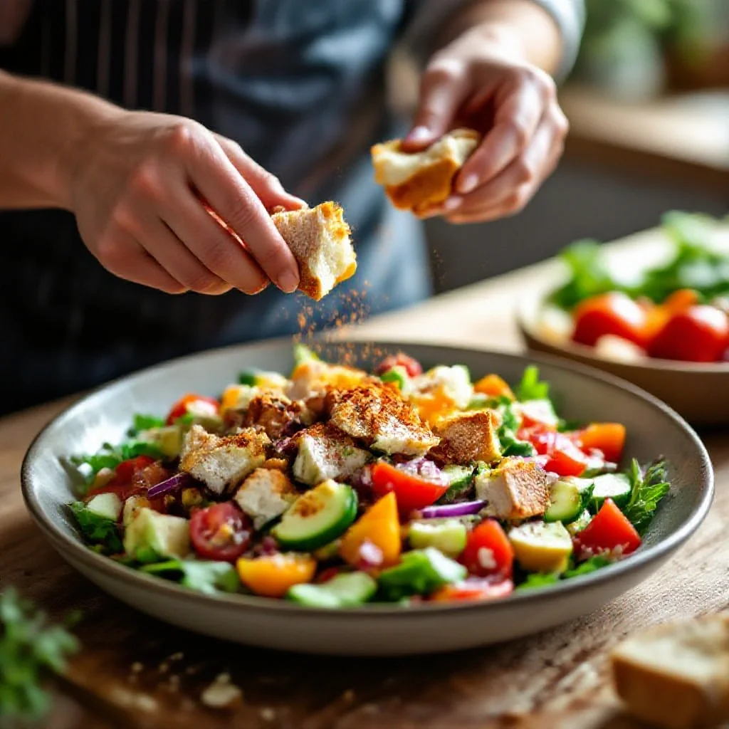 A fattoush salad being assembled