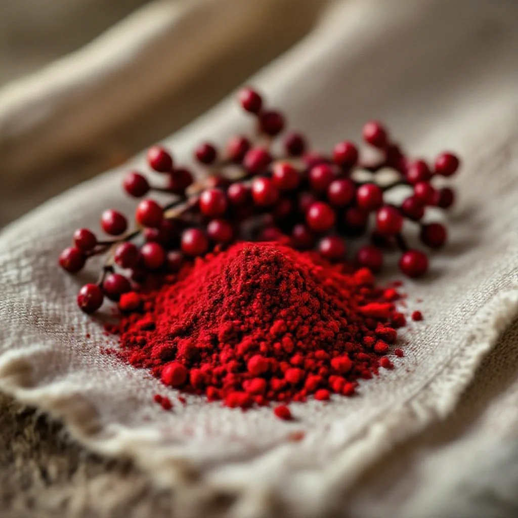 Dried sumac berries and their red powder on a rough linen cloth
