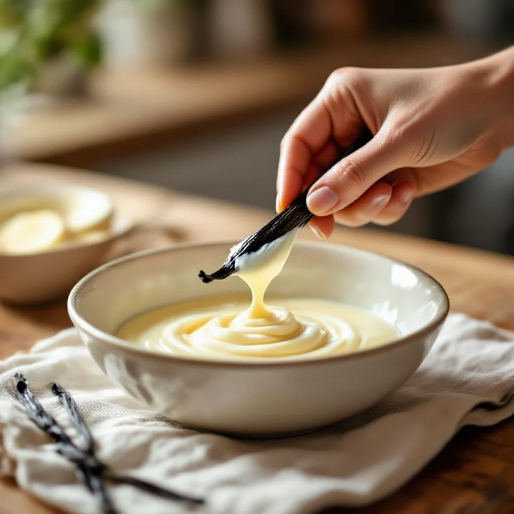 A hand scraping a vanilla pod over a bowl of cream