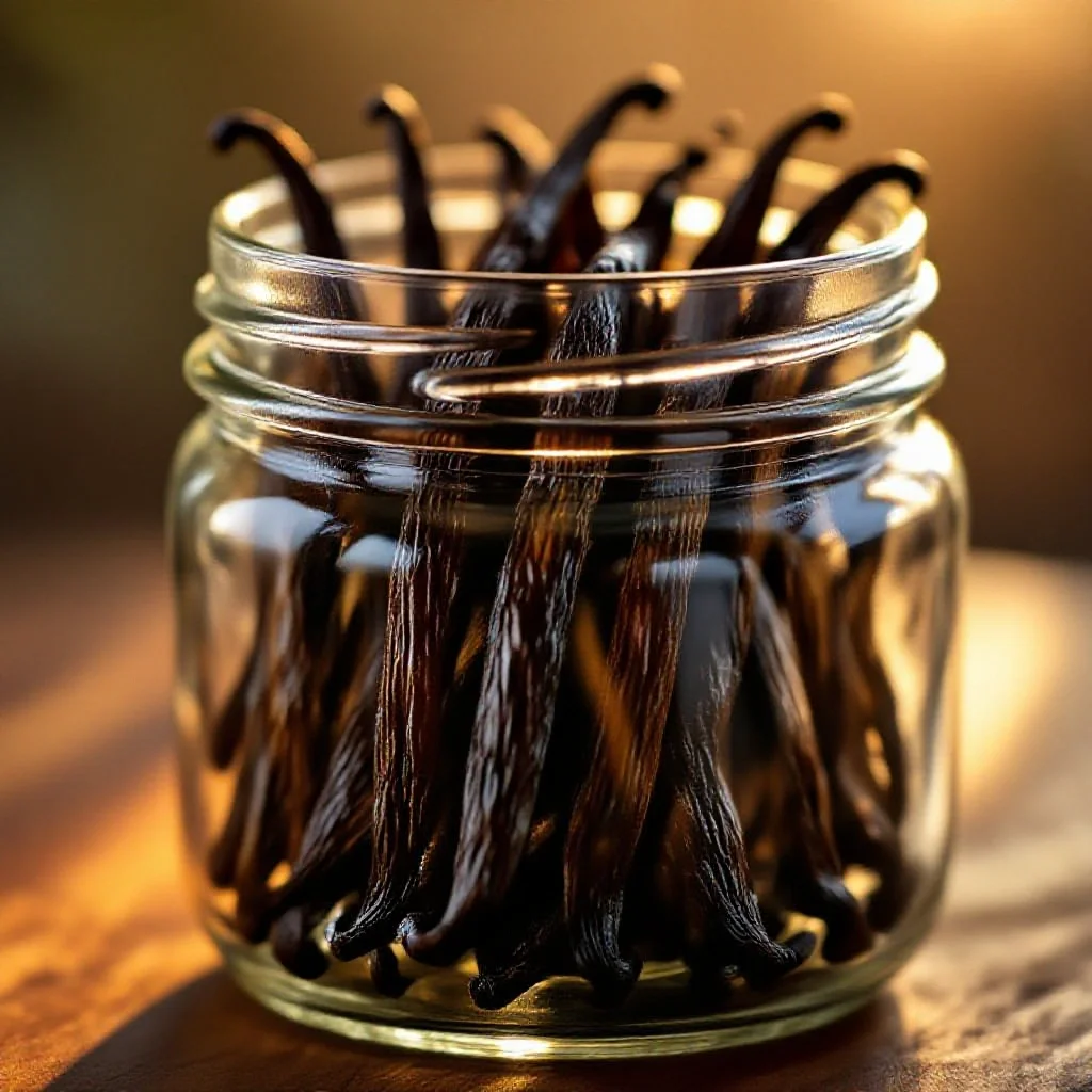 A bundle of whole cured vanilla pods in a glass jar