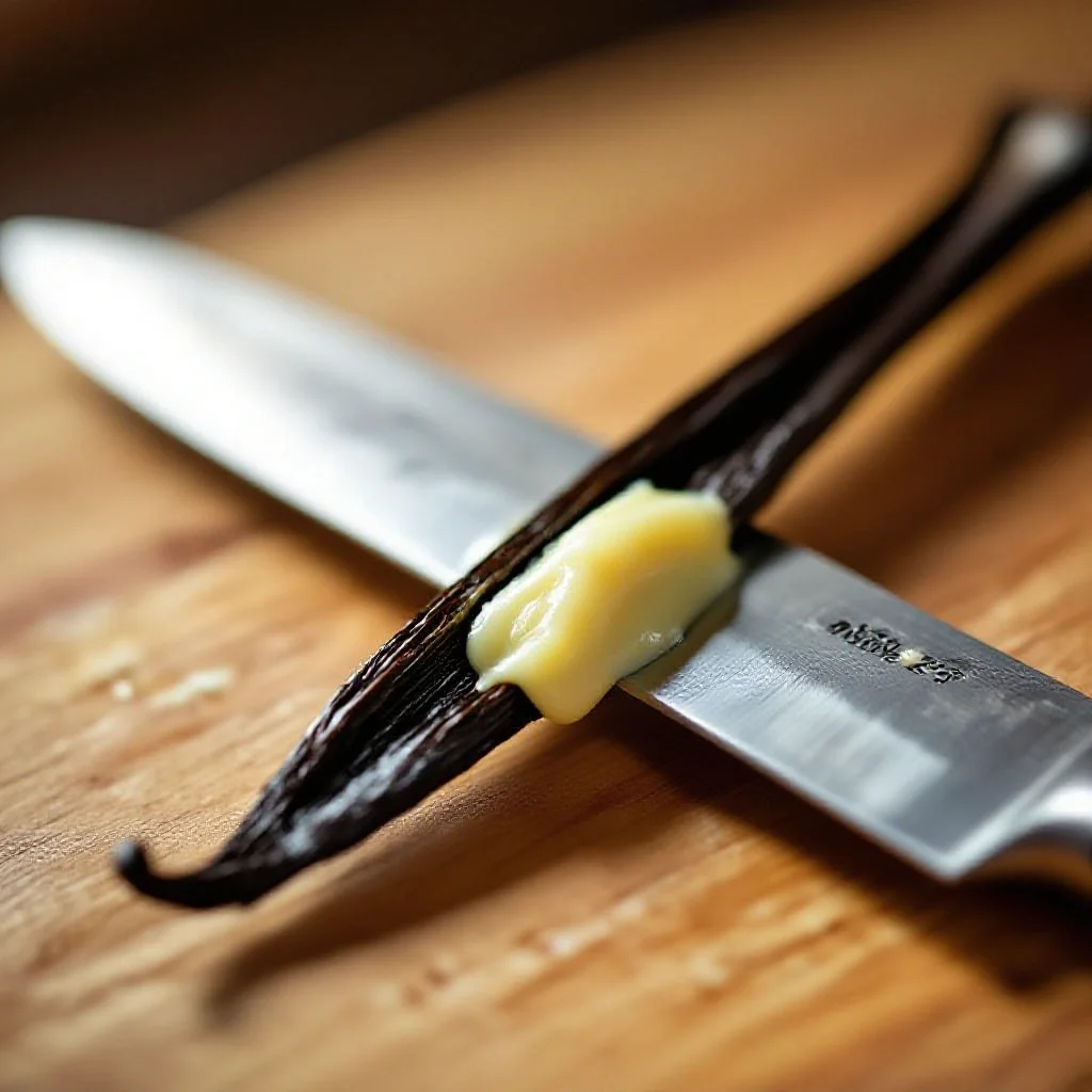 A split vanilla pod revealing the black aromatic seeds scraped along a knife...