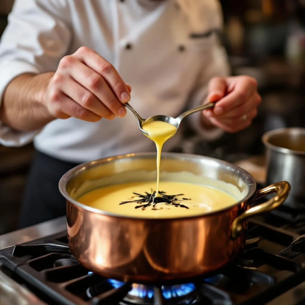 A patissier adding vanilla seeds to a custard in a copper saucepan
