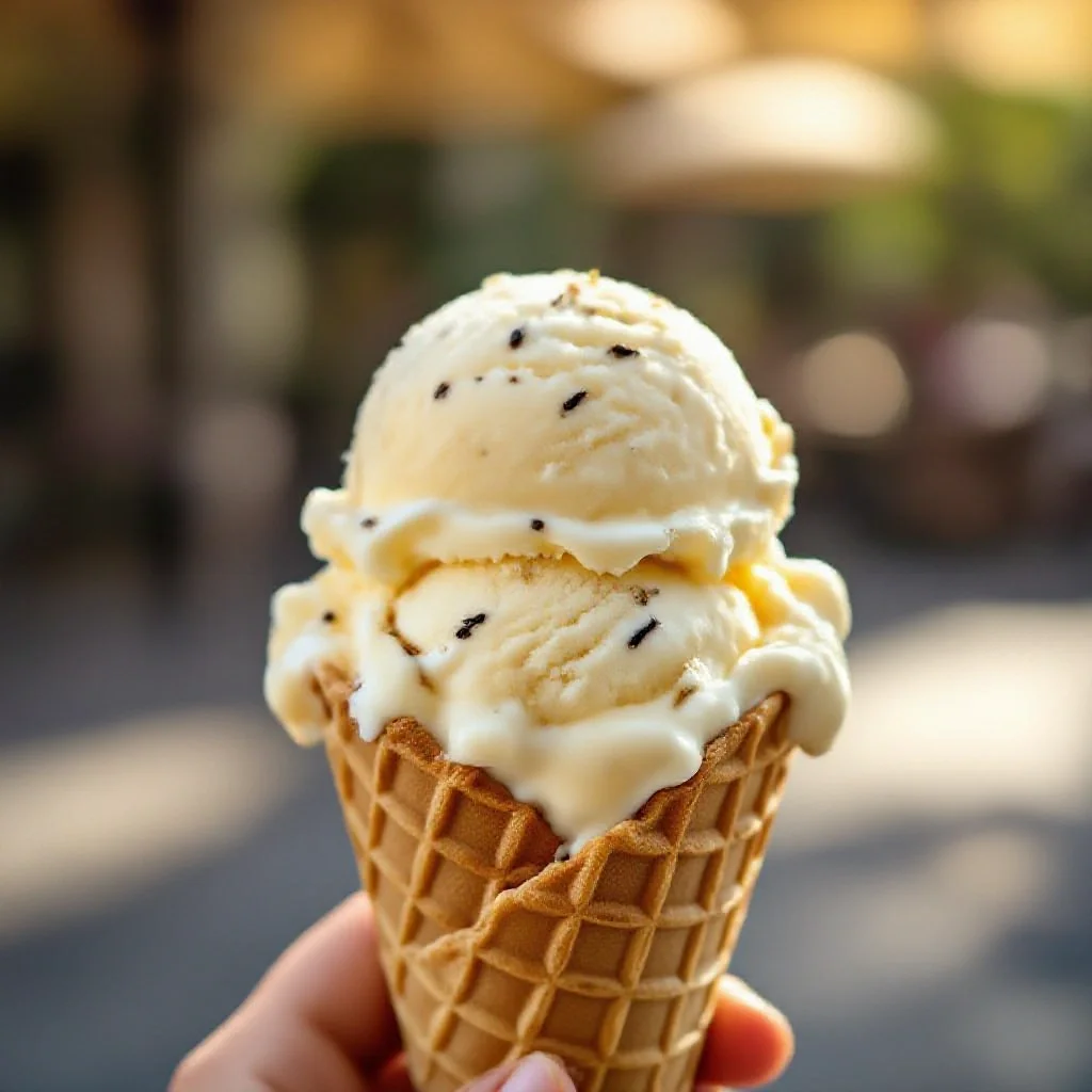 A vanilla bean ice cream scoop in a waffle cone